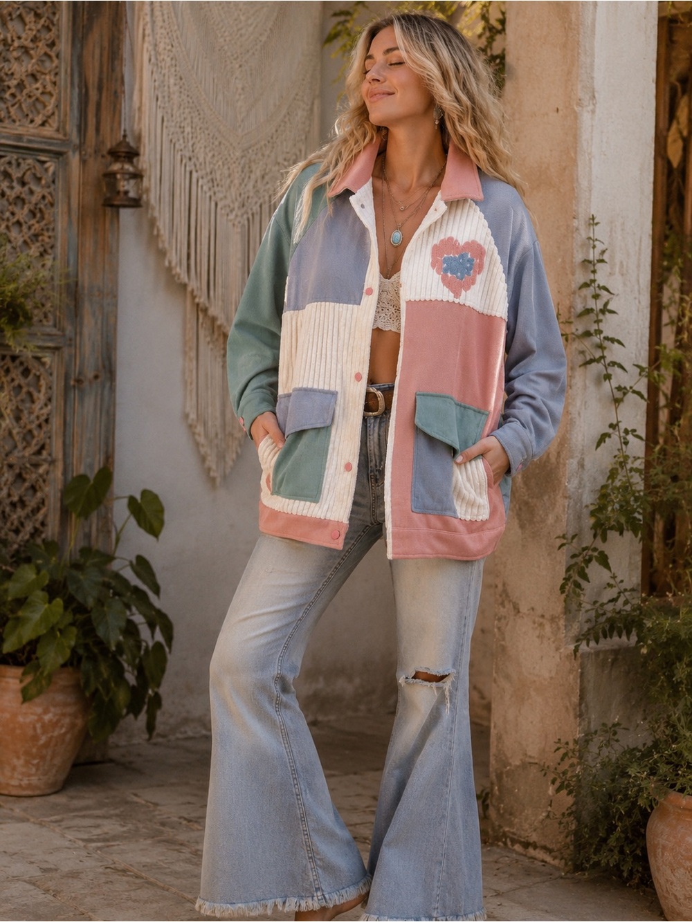 Elfric Eden Oversized Colorblock Patchwork Corduroy Jacket Heart Shacket Pastel